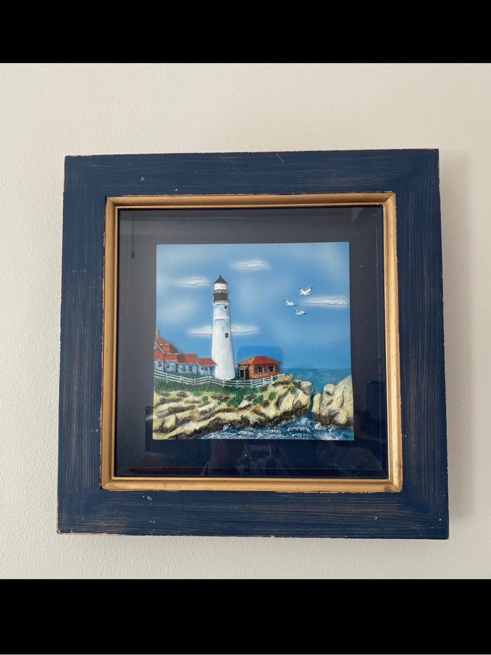 Lighthouse Coastal 3D Wall Art 12X12" In Distressed Blue & Gold Frame Shadow Box